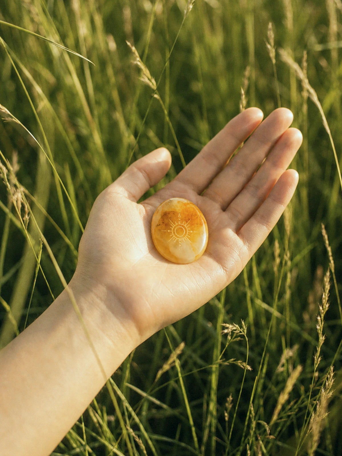 Yellow Hematoid Quartz engraved with a sun symbol